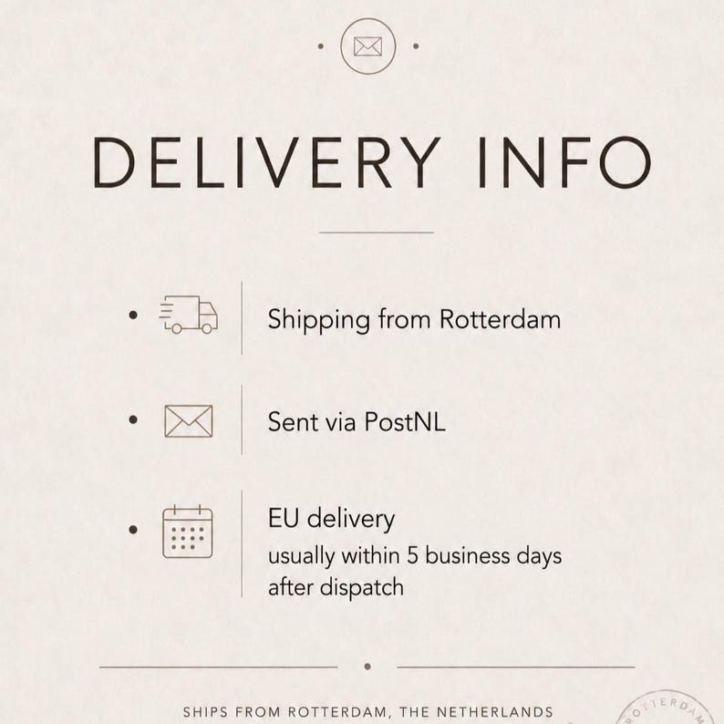May include: A cream-colored graphic with the text "DELIVERY INFO" in a bold, dark font. Below, bullet points detail shipping from Rotterdam, sent via PostNL, and EU delivery within 5 business days after dispatch. The bottom text reads "SHIPS FROM ROTTERDAM, THE NETHERLANDS."