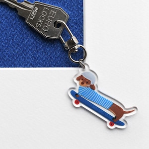 Skateboarding Dachshund Keychain, Acrylic Bag Charm, Sausage Dog Gift