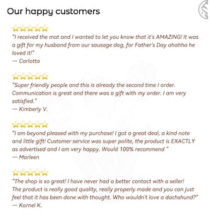 May include: Image features the text "Our happy customers" above customer testimonials. The testimonials are from Carlotta, Kimberly V., Marleen, and Kornel K., each with a 5-star rating. The reviews praise the product quality and customer service.
