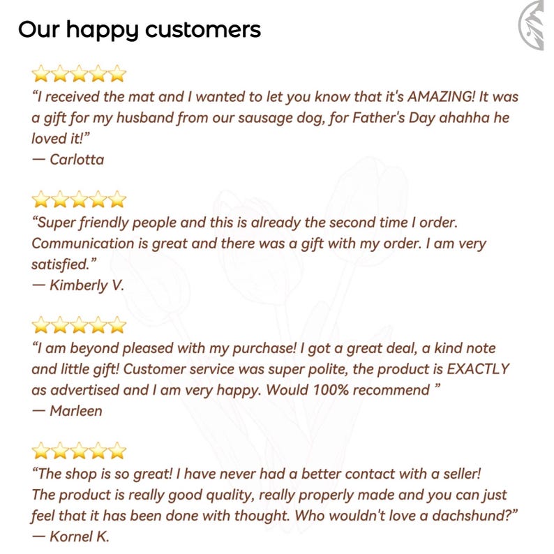 May include: Image features the text "Our happy customers" above customer testimonials. The testimonials are from Carlotta, Kimberly V., Marleen, and Kornel K., each with a 5-star rating. The reviews praise the product quality and customer service.