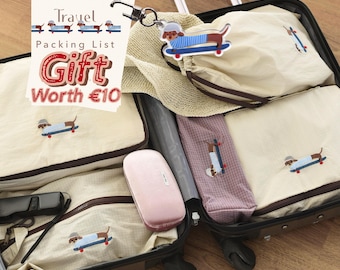 Premium broderade packkuber för skateboardhundar, beige taxväskor, 4 st, vattenavvisande klädarrangörer för resor