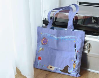 Magical Elements Hand-Drawn Prints Purple Crinkled Nylon Tote Bag, Wizard-Inspired Reusable Shopping Bag, Summiton Original Design
