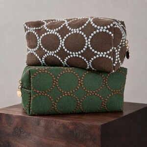 Japanese Tambourine Style Embroidered Cotton Cosmetic Bag, Vintage Minimalist Makeup Bag for Travel, Boxy Cosmetic Pouch in Green or Brown