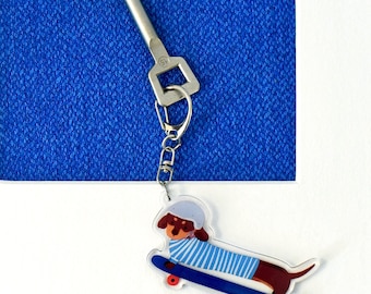 Skateboarding Dachshund Keychain, Acrylic Teckel Bag Charm, Sausage Dog Gift