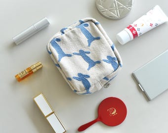 Neceser de maquillaje estilo japonés con bordado de conejo, estuche minimalista de conejito, organizador de algodón.