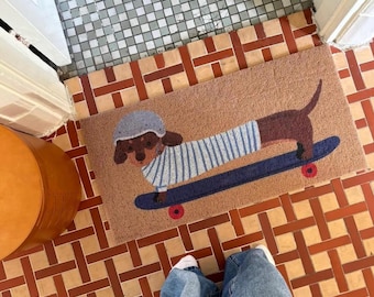 Felpudo único de perro salchicha para interior y exterior, para perro patinador, lavable y suave, ideal como regalo para papá perro salchicha, regalo de inauguración de la casa.