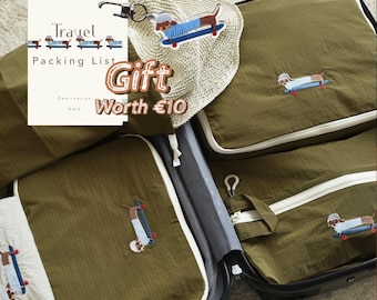 Embroidered Dog Packing Cubes Set of 4, Free Gifts Worth 10euro Includes, Skateboarding Dachshund Suitcase Organisers, Travel Organiser Bags