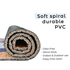 May include: Rolled-up PVC doormat with a spiral design. The mat is tan, blue, and black. Text on the image reads "Soft spiral durable PVC" and lists features: odor-free, 10mm thick, indoor & outdoor use, and easy rinse clean.