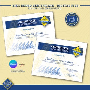 Puede incluir: Dos certificados imprimibles para un rodeo de bicicletas. El certificado superior es para la participación y el certificado inferior es para la finalización. Ambos certificados presentan un diseño azul y blanco con un gráfico de bicicleta y el texto "Bike Rodeo 2025".