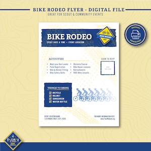 May include: A blue and white flyer for a Bike Rodeo event. The flyer includes the event name, date, time, and location. It also lists activities, things to bring, and a QR code to RSVP. The flyer features a graphic of children riding bikes.