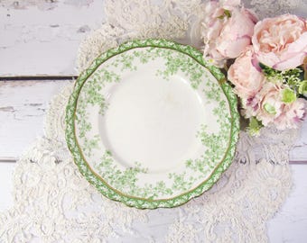 Antique Henry Alcock & Co. "Ferndale" Royal Premier Semi Porcelain Green Transferware Plate, English Ornate Floral Gold Edge