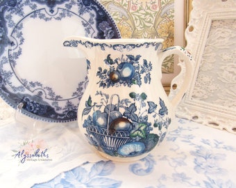 Vintage Mason's Blue Fruit Basket Pitcher 6 1/4" English Blue Transferware Ironstone Milk Jug, Romney Jug