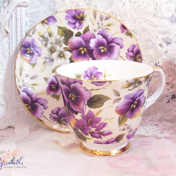 Vintage Royal Patrician Purple Pansy & White Flower Teacup and Saucer, English Fine Bone China Purple Floral Cup and Saucer