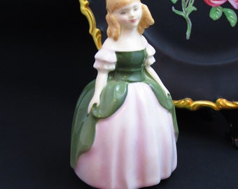 Vintage Royal Doulton Penny Figurine  H.N. 2338, Hand Painted Girl Fine China Art Deco 1930s Porcelain Figure in a Green and Pink Dress