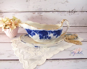 Rare Antique Grindley English Flow Blue Marguerite Gravy Boat with Underplate, English Flow Blue China, Blue Transferware