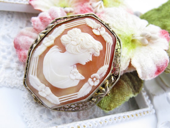 Rare Antique Octagon Genuine Shell Cameo Brooch, … - image 1