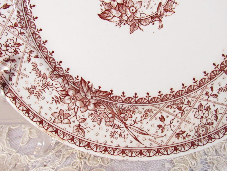 Pu&ograve; includere: Un piatto bianco con un motivo floreale marrone dettagliato. Il design include fiori, foglie e forme geometriche sul bordo. Il piatto ha un'estetica vintage.