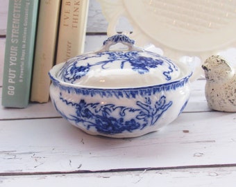 Antique W.H. Grindley CAMPION Pattern Flow Blue Covered Sugar Bowl, Small English Transferware Covered Dish c. 1890s