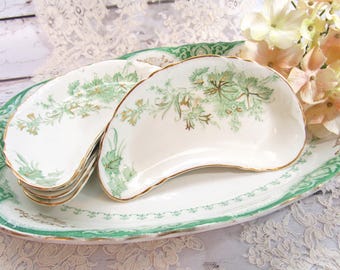 Vintage Alfred Meakin Green Harvest Pattern Bone Dishes, Green Transferware & Gold Gilt Crescent Shaped Dish, Trinket Dish