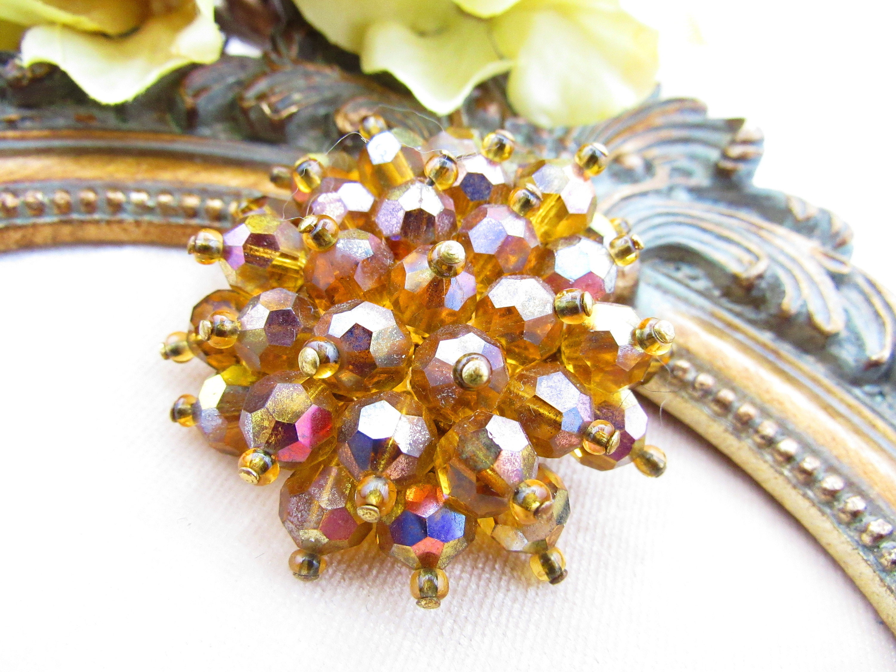 Vintage Large Fall Rhinestone and Beaded Brooch Lot, Mixed Set of Smoke ...
