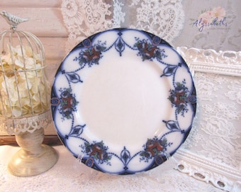 Antique Soho Pottery Flow Blue and Crimson Imperial Pattern Dinner Plate, English Blue Transferware Gold Gilding, Floral Bouquets & Garlands