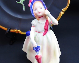 Vintage Royal Doulton Babie Figurine HN 1679, Girl Fine China Figure in a Yellow Dress and Purple Bonnet