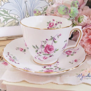 Vintage Crown Staffordshire Pink Roses & Purple Floral Teacup and Saucer Set, Gilt Edge English Porcelain Tea Cup Set