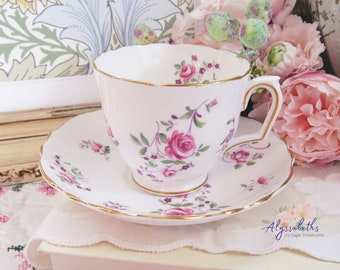 Vintage Crown Staffordshire Pink Roses & Purple Floral Teacup and Saucer Set, Gilt Edge English Porcelain Tea Cup Set