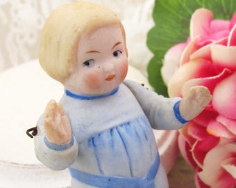 Adorable Vintage German Hertwig Bisque Doll, Small Molded Porcelain Buster Brown Doll with Wired Jointed Arms