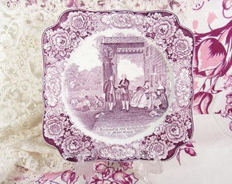 Vintage Crown Ducal Square Purple Transferware Plate George Washington & Lafayette at Mount Vernon Bicentennial 1732-1932 Plum