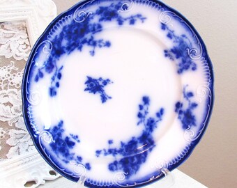 Antique Floral Flow Blue Dinner Plate W.H. Grindley Marechal Niel Edwardian English Blue Transferware Ironstone Plate