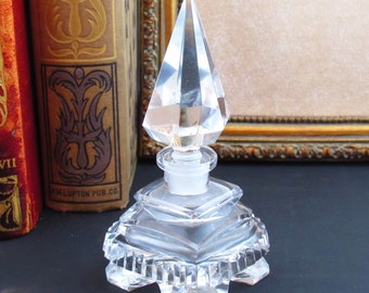 Vintage Art Deco Cut Crystal Footed Perfume Bottle, Heavy Czech Crystal Vintage Vanity