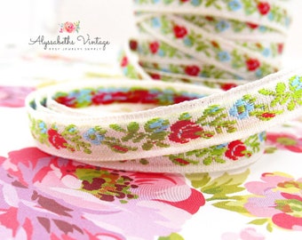 Vintage Floral Embroidered Jacquard 7/16” Ribbon, White with Red Rose Buds, Blue Flowers & Sage Green Leaves Narrow Trim – 1 Yard