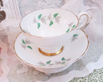 Vintage Crown Staffordshire Fine Bone China Teacup & Saucer Set with Delicate Green Grape and Gray Leaf Decoration, Mix and Match China
