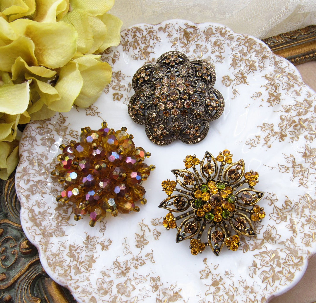 Vintage Large Fall Rhinestone and Beaded Brooch Lot, Mixed Set of Smoke ...