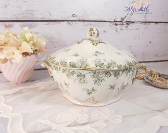 Rare Antique Ridgway Green Nestor Covered Tureen Dish Edwardian Staffordshire England Royal Semi Porcelain Green & Gold Floral Transferware