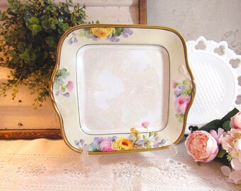 Vintage Noritake Hand Painted Bright Chrysanthemum Opalescent Lustre Gold Rim Square Cake Plate Sandwich Serving Dish