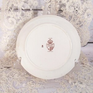 Pu&ograve; includere: Un piatto in ceramica bianca con un emblema marrone e il testo "LACE" e "JOHNSON BROS ENGLAND". Il piatto &egrave; su un supporto trasparente, con una tovaglia di pizzo sullo sfondo.