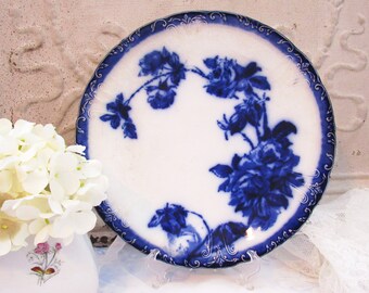 Rare Antique Ridgway & Co. Flow Blue Jacqueminot Rose Dinner Plate, English Semi-Porcelain Floral Blue Transferware