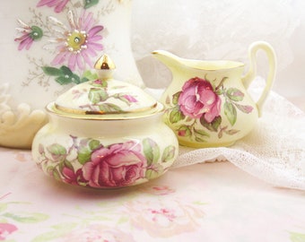 Small Vintage Staffordshire Crown Sugar and Creamer Set Pale Yellow with Bright Pink Roses