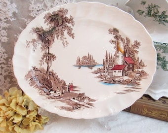 Vintage Johnson Bros Brown Multicolor Transferware Serving Platter, The Old Mill Pastoral Pattern English Earthenware 12x10 inch Plate