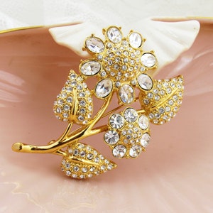 Stunning Vintage Signed Monet Rhinestone & Gold Tone Flower Brooch, Crystal and Gold Daisy Floral Pin