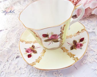 Vintage Royal Grafton Teacup and Saucer Set, Pale Yellow with Hand Painted Pink Roses & Gold Gilt Floral Bands, English Bone China Tea Party