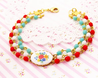 Romantic Vintage Chic Beaded Flower Bracelet, Beaded Chain Bracelet with Floral Cameo Charm, Red, Aqua and White