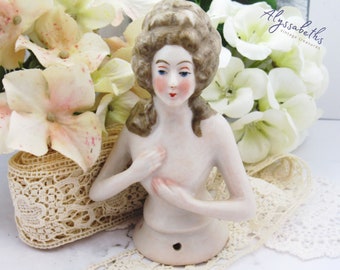 Vintage Porcelain Half Doll Powder Puff Top, Large Vanity Courtesan Doll Top German Porcelain