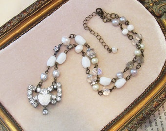 Romantic Vintage Rhinestone and Pearl Assemblage Necklace, Chic Crystal Adjustable Statement Bridal Necklace