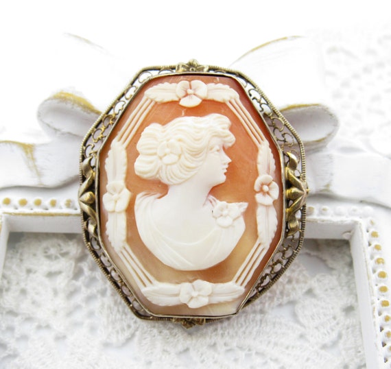 Rare Antique Octagon Genuine Shell Cameo Brooch, … - image 3