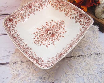 Antique T & R Boote TOURNAY Brown Transferware Large Square Serving Bowl, English Floral Victorian 1890s Aesthetic Movement Ironstone