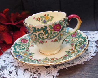Rare Vintage Royal Cauldon "Evesham" Demitasse Cup & Saucer Set, Green Scrolls with Dark Pink and Blue Flowers Polychrome Transferware