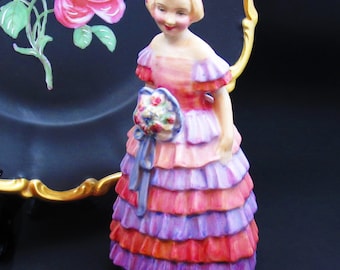 Vintage Royal Doulton The Little Bridesmaid Figurine, Girl Fine China Art Deco 1930s Porcelain Figure in a Pink and Purple Dress